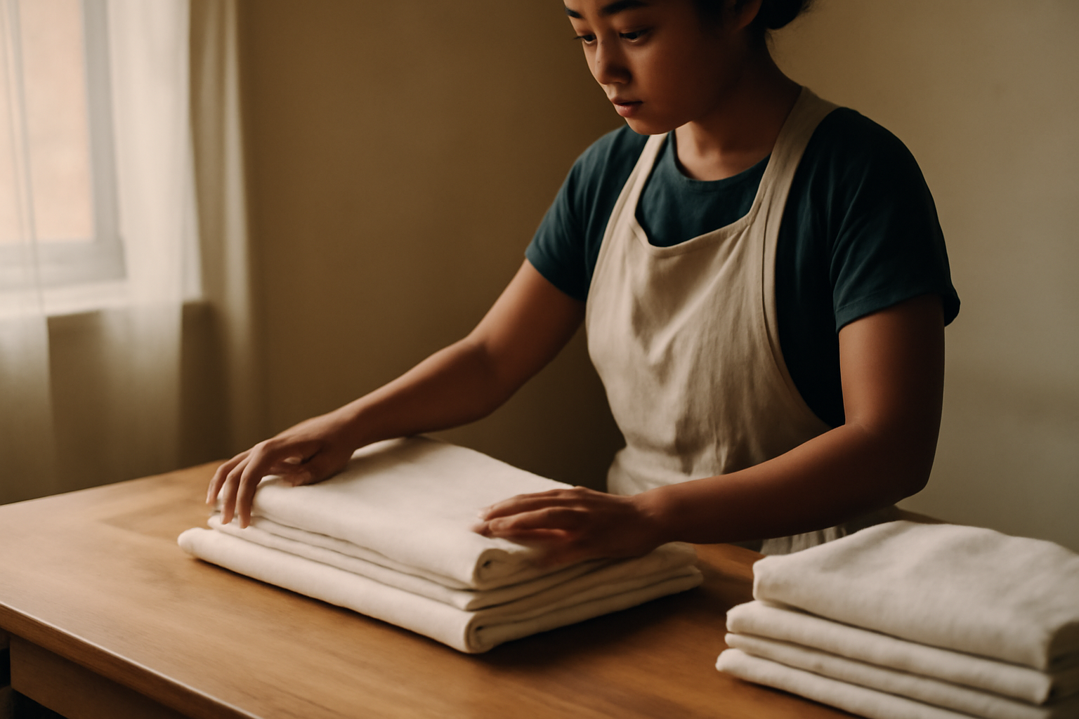 Petugas melipat sprei katun di atas meja kayu