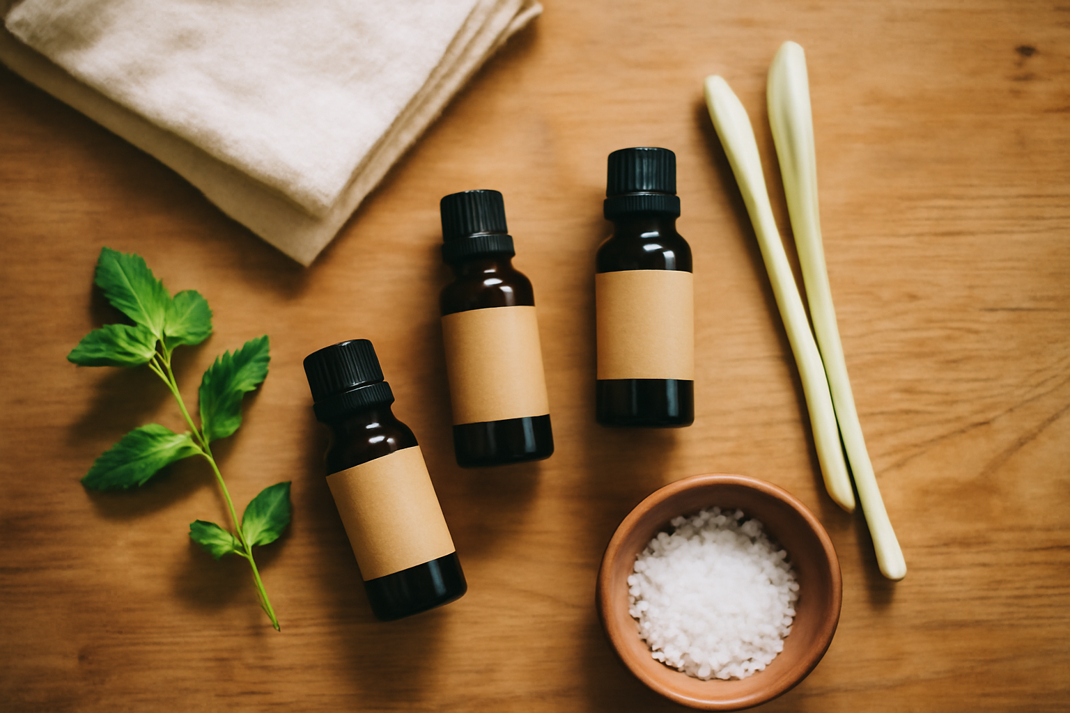 Botol bahan pembersih, kain linen, dan sereh di atas meja kayu